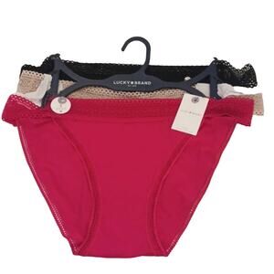 3 Pk Lucky Brand Women's Bikini Panties Sz M  BLACK RED TAN High Cut Lace Edges